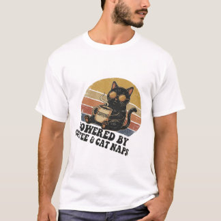 Retro Zwarte Kat Aangedreven Door Koffie & Katten T-shirt