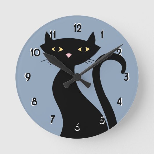 Retro Zwarte Kat blauw Ronde Klok (Voorkant)