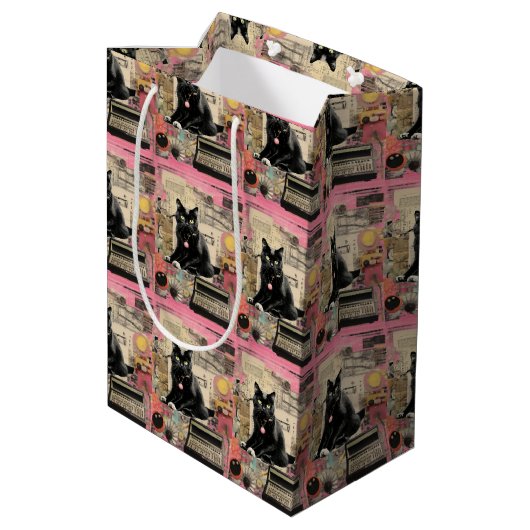 Retro zwarte kat collage medium cadeauzakje (Achterkant Gekanteld)