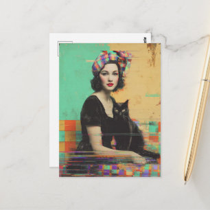 Retro Zwarte Kat en een Dame Glitch Briefkaart