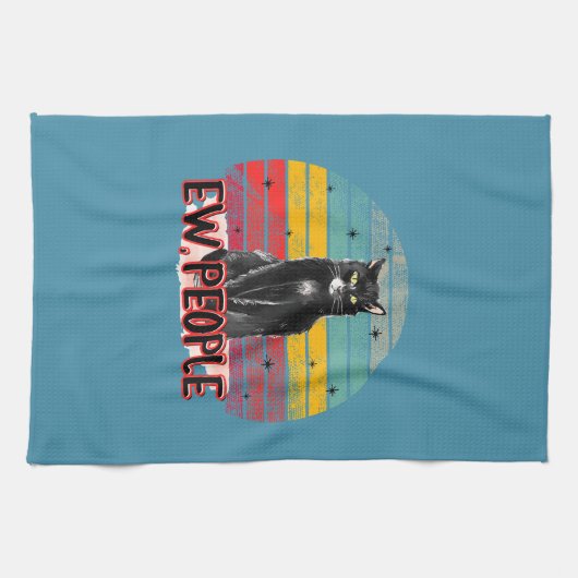 Retro Zwarte Kat Ew Mensen Theedoek (Horizontaal)