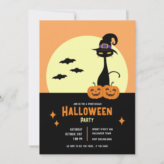 Retro Zwarte Kat Gepersonaliseerde Halloween Party Kaart (Voorkant)