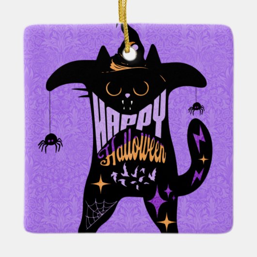 Retro Zwarte Kat Grappig Halloween Keramisch Ornament (Voorkant)