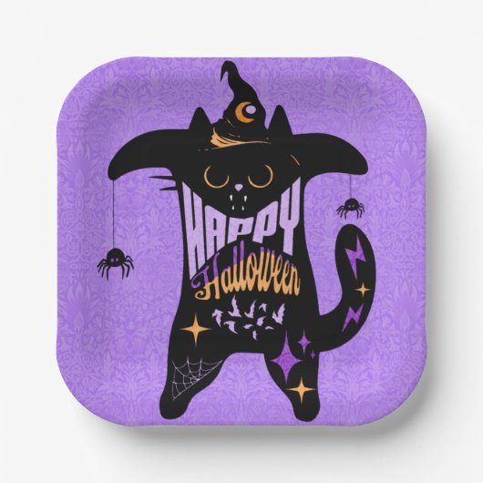 Retro Zwarte Kat Grappig Halloween Papieren Bordje (Voorkant)