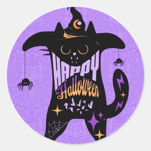 Retro Zwarte Kat Grappig Halloween Ronde Sticker (Voorkant)