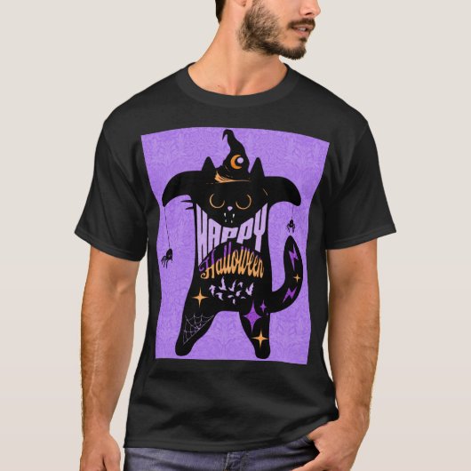 Retro Zwarte Kat Grappig Halloween T-shirt (Voorkant)