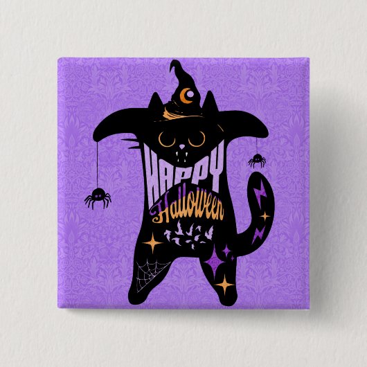 Retro Zwarte Kat Grappig Halloween Vierkante Button 5,1 Cm (Voorkant)