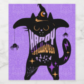 Retro Zwarte Kat Grappig Halloween  Wijn Etiket (Enkel label)