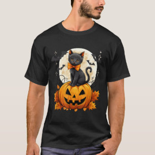 Retro Zwarte Kat Halloween Pompoen Kostuum Vrouwen T-shirt