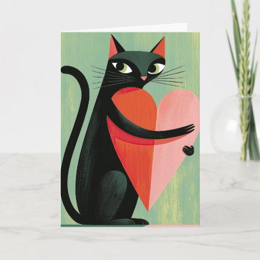 Retro Zwarte Kat Hart Groen Valentijn Kaart (Voorkant)