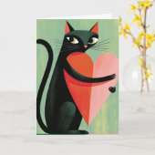 Retro Zwarte Kat Hart Groen Valentijn Kaart (Gele Bloem)