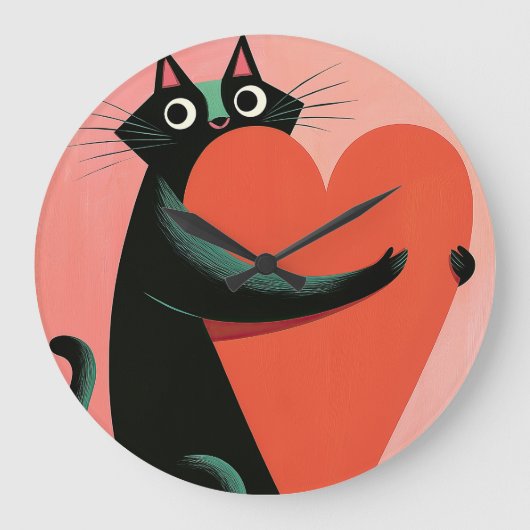 Retro Zwarte Kat Hart Pastel Midcentury Grote Klok (Voorkant)