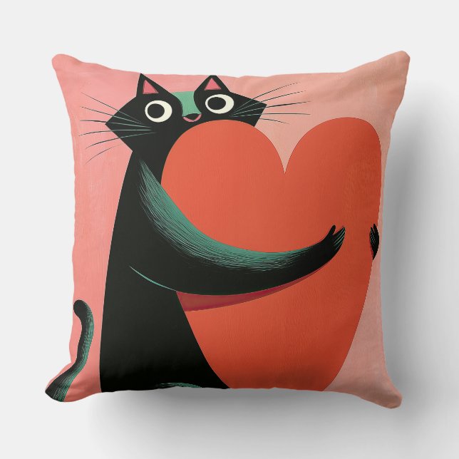 Retro Zwarte Kat Hart Pastel Roze Decor Kussen (Voorkant)