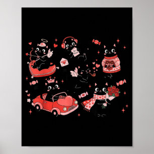 Retro Zwarte Kat Hart Valentijnsdag Schattig Katje Poster