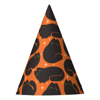 Retro Zwarte Kat in Oranje Feesthoedjes