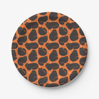 Retro Zwarte Kat in Oranje Papieren Bordje