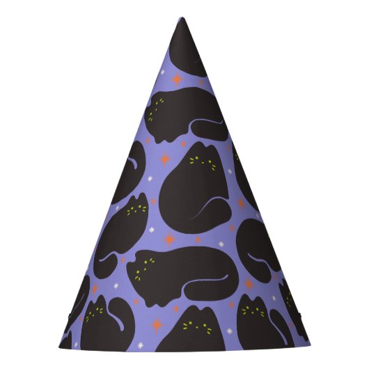 Retro Zwarte Kat in Paars Feesthoedjes (Voorkant)