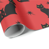 Retro Zwarte Kat Kat op rode sterren inpakpapier (Rol Hoek)