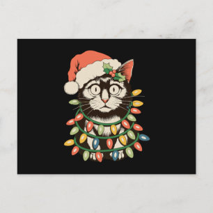 Retro zwarte kat kerstlichtjes grappige Kerstman Feestdagenkaart