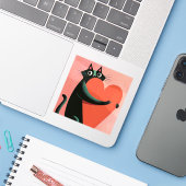 Retro Zwarte Kat Knuffelt Hart Schattig Sticker (Laptop met iPhone)