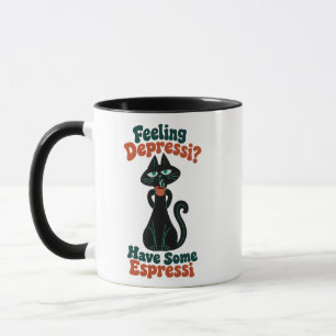 Retro Zwarte Kat Koffie Grappige Slogan in Teal en Mok