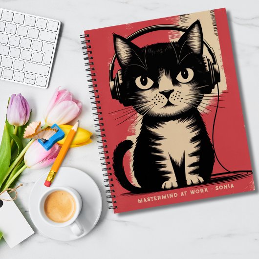 Retro zwarte kat, meesterbrein op het werk en naam notitieboek