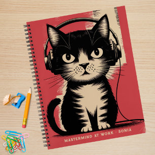 Retro zwarte kat, meesterbrein op het werk en naam notitieboek