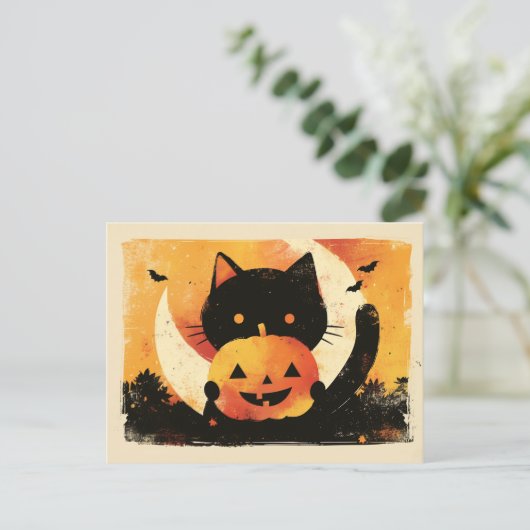 Retro Zwarte Kat met Jack O' Lantern Feestdagenkaart (Staand voorkant)