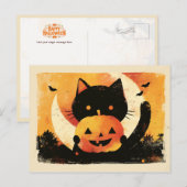 Retro Zwarte Kat met Jack O' Lantern Feestdagenkaart (Voorkant / Achterkant)