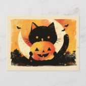 Retro Zwarte Kat met Jack O' Lantern Feestdagenkaart (Voorkant)
