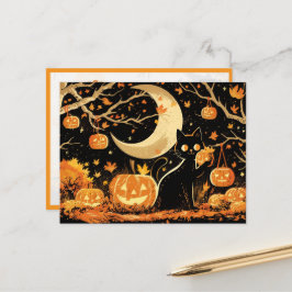 Retro Zwarte Kat met Jack-o'-Lanterns Briefkaart