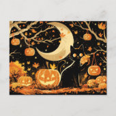 Retro Zwarte Kat met Jack-o'-Lanterns Briefkaart (Voorkant)