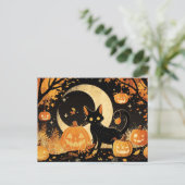 Retro Zwarte Kat met Jack-o'-Lanterns Briefkaart (Staand voorkant)