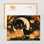 Retro Zwarte Kat met Jack-o'-Lanterns Briefkaart (Voorkant / Achterkant)