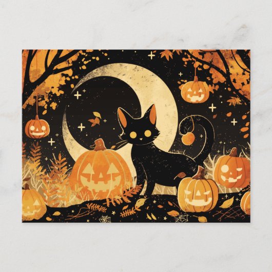 Retro Zwarte Kat met Jack-o'-Lanterns Briefkaart (Voorkant)