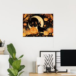 Retro Zwarte Kat met Jack-o'-Lanterns Poster