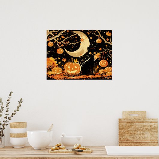 Retro Zwarte Kat met Jack-o'-Lanterns Poster (Keuken)