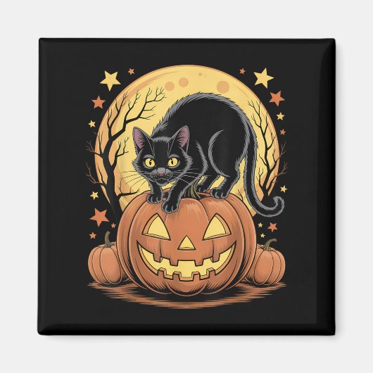 Retro Zwarte Kat Pompoen Grappig Halloween Magneet (Voorkant)