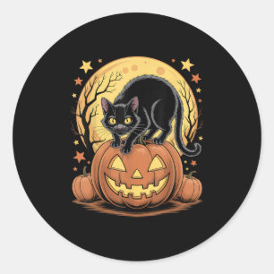 Retro Zwarte Kat Pompoen Grappig Halloween Ronde Sticker