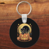 Retro Zwarte Kat Pompoen Grappig Halloween Sleutelhanger (Voorkant)