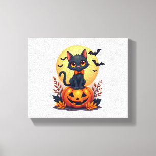 Retro Zwarte Kat Pompoen Halloween Kostuum Herfst Canvas Afdruk