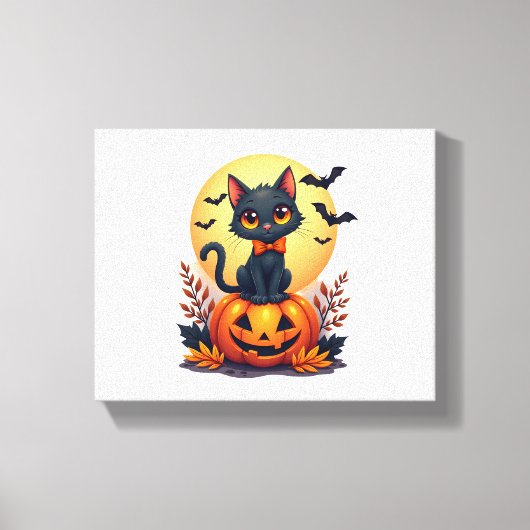 Retro Zwarte Kat Pompoen Halloween Kostuum Herfst Canvas Afdruk (Voorkant)