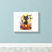 Retro Zwarte Kat Pompoen Halloween Kostuum Herfst Canvas Afdruk (Insitu (Houten vloer))