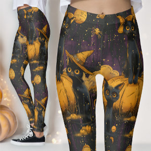 Retro Zwarte Kat & Pompoen   Mid-Century Griezelig Leggings