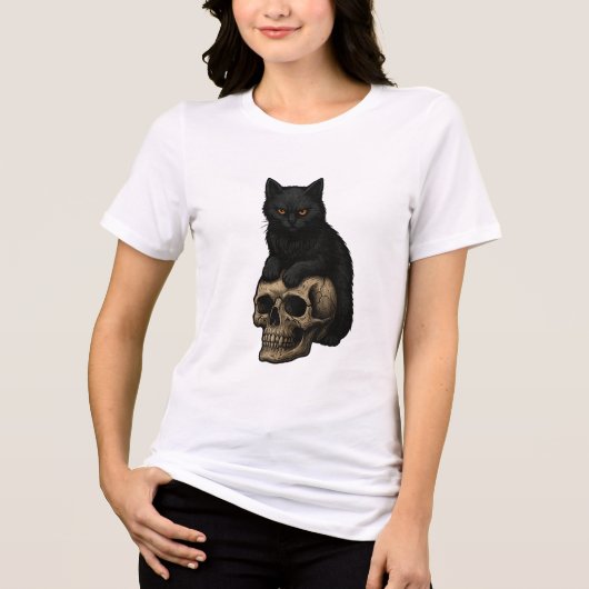 Retro Zwarte Kat & Schedel Tri-Blend Shirt (Voorkant)
