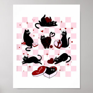 Retro Zwarte Kat Spelen Hart Valentijnsdag Cat K Poster