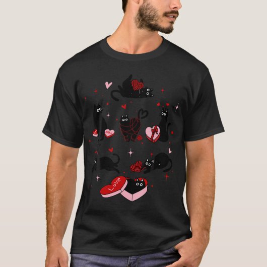 Retro Zwarte Kat Spelen Hart Valentijnsdag Cat K T-shirt (Voorkant)