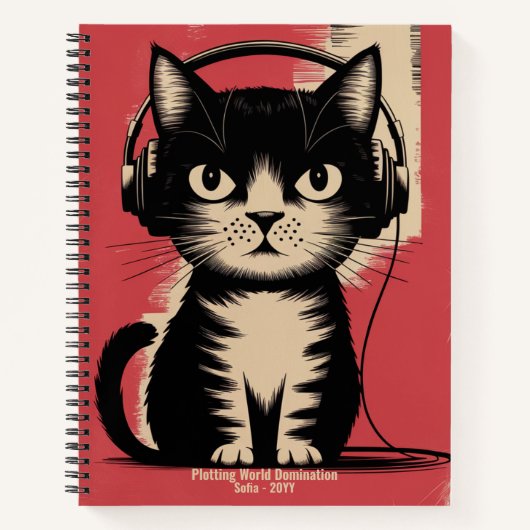 Retro zwarte kat, wereldheerschappij uitzetten, gr notitieboek (Voorkant)