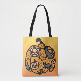 Retro zwarte katten en pompoen dromen tote bag