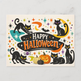 Retro Zwarte Katten Halloween Feestdagenkaart
